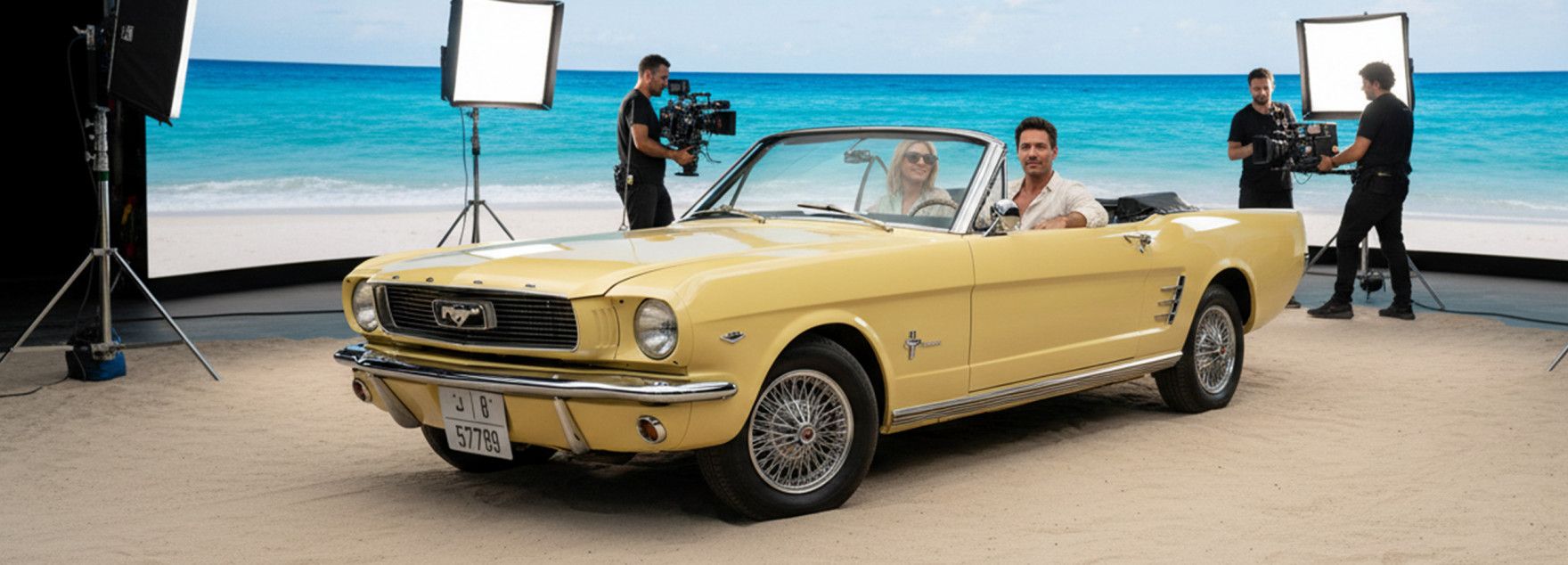 Voiture de collection sur un plateau de tournage, équipe et projecteurs autour